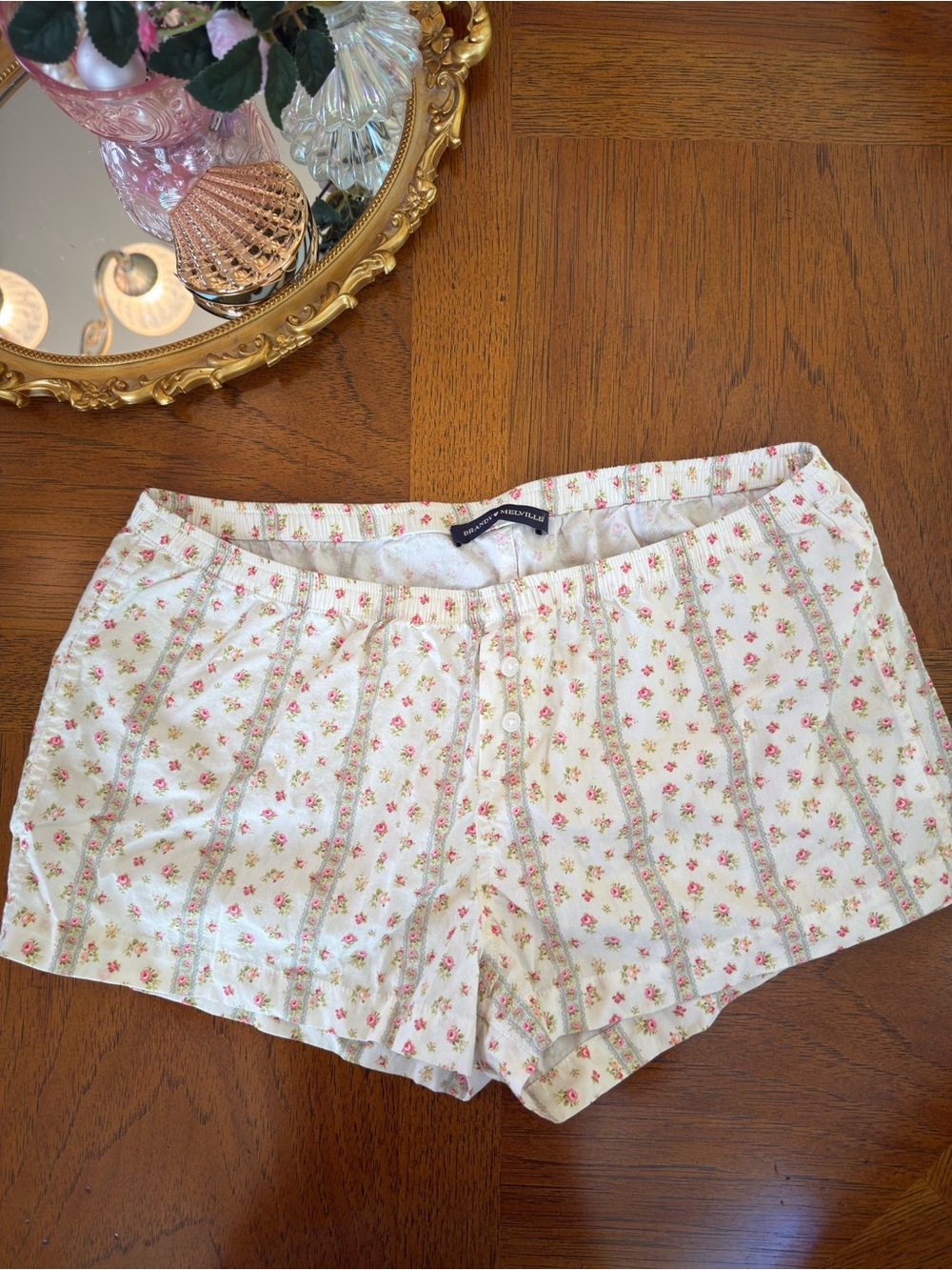 Brandy Melville Cream Floral Cotton Lounge Shorts with Pink Rose Print